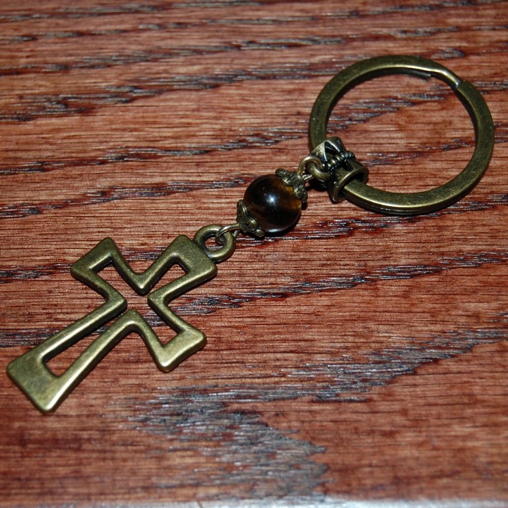 Cross Keychain,Bronze Cross Keychain,Tiger Eye Stone Bead,Prayer Keychain,Christ